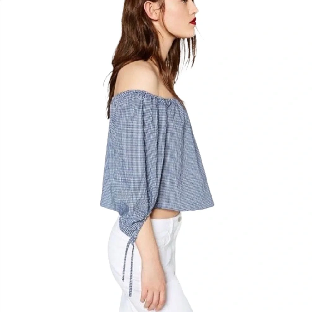 ZARA gingham cropped puff sleeve tie sleeve off shoulder blouse blue&white XS - Picture 1 of 7